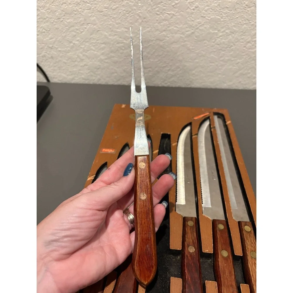 VTG Forgecraft Olde Forge 7pc Knife & Meat Fork Set w/ Wood Wall Holder USA Made